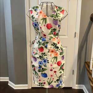 NWT Calvin Klein White Floral Midi Sheath Dress with Multicolor Blooms